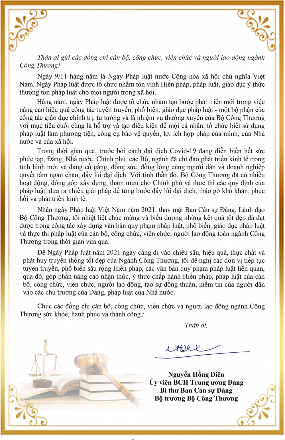 Bộ trưởng Nguyễn Hồng Diên gửi thư đến cán bộ công nhân viên chức ngành Công Thương nhân ngày Pháp luật Việt Nam
